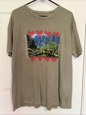aerie Olive Graphic Tee with Red Heart Border